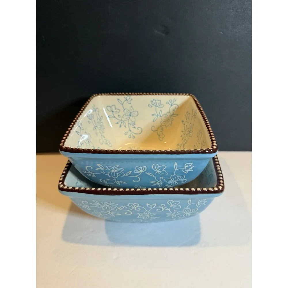 Temp-tations by Tara Floral Lace Blue Square Nesting Bowls Set 1 & 1.5 Qt